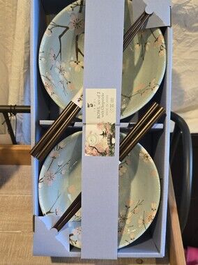 JEWEL 4PC Bowl & Chopstick Set Light Blue Floral Japanese Cherry Blossom